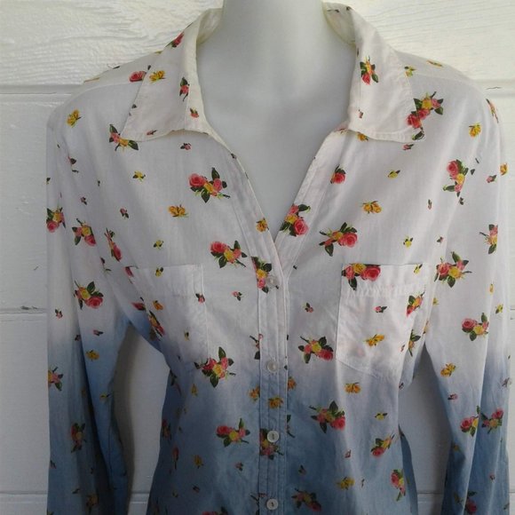 White Blue Floral Button Down Shirt Long Sleeves L - Picture 2 of 8